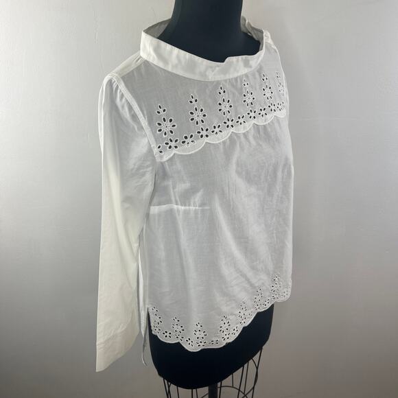 J.Crew White Tunic Top Cotton Scalloped Eyelet Funnel Neck High Low Hem Size 2 - Picture 6 of 14